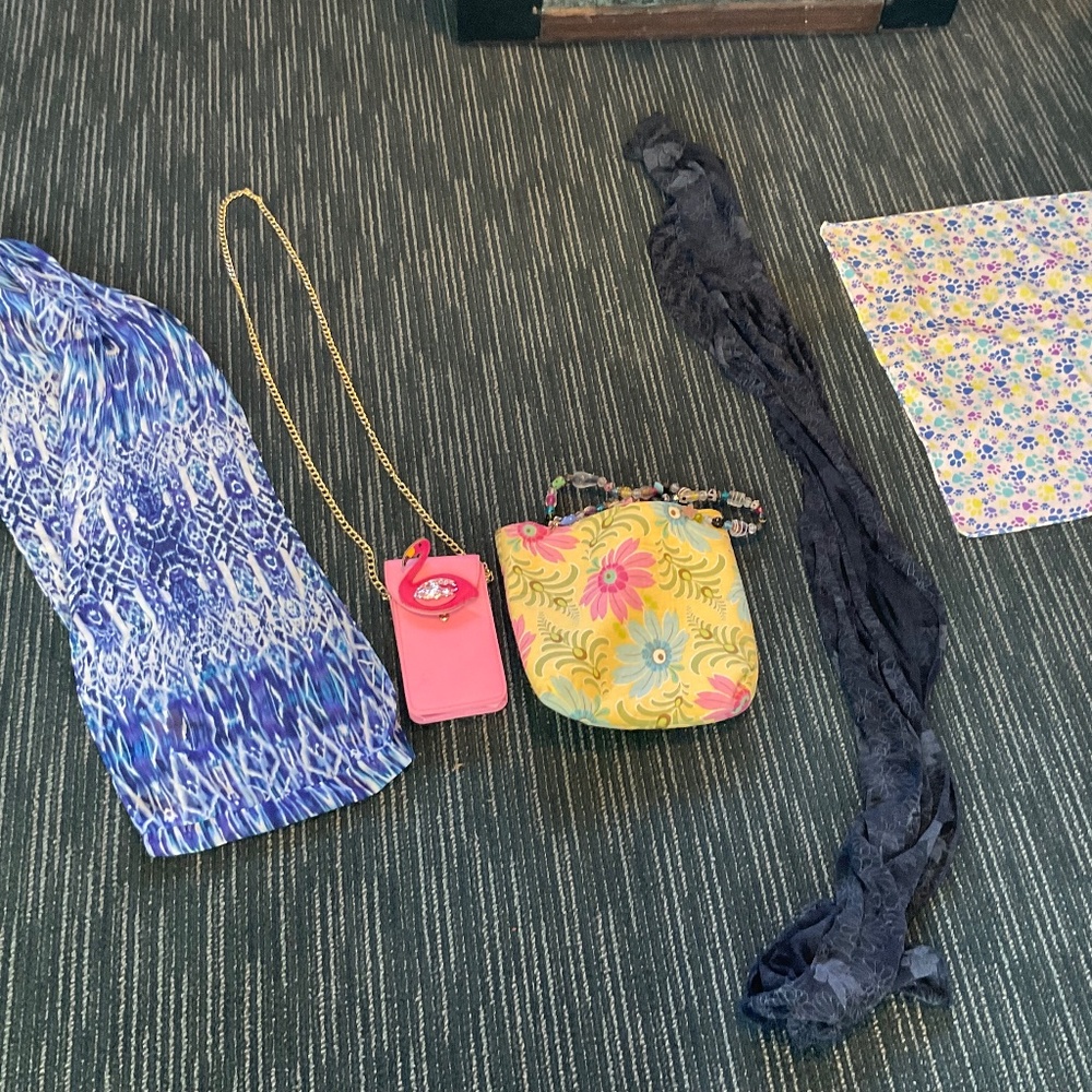 3 scarves and 2 smaller handbags